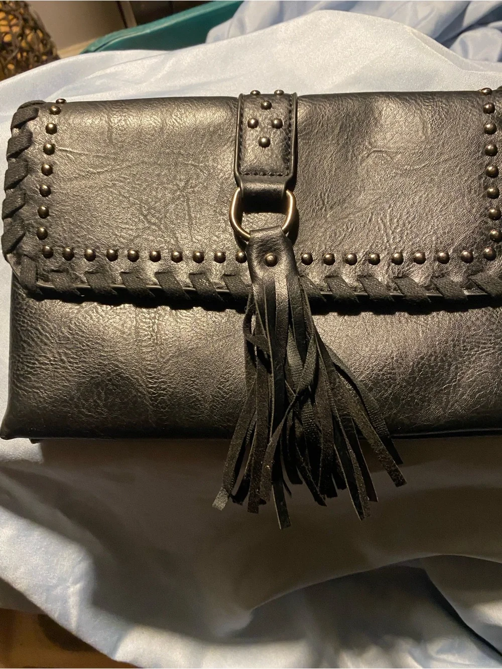 Black faux-leather crossbody clutch